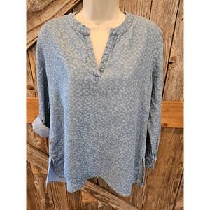 Timeless tencel tunic top roll tab sleeve blue chambray leopard print PETITE S